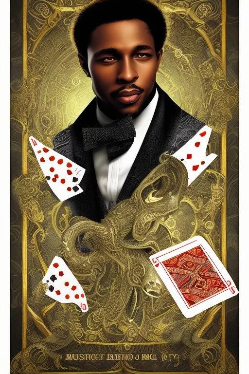 Dashing black man in a suit, holding a deck of cards. There's a young fey dragon with him.