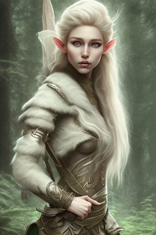 Elf Ranger, dnd character portrait, pale green eyes, blonde hair, earth tone clothes, hyperrealistic, intricate details, insanely detailed, forest background, natural lighting