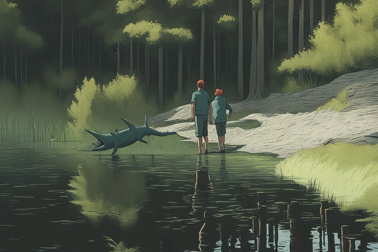 a man being scared of a lake monster coming up and try to catch him, cartoon style Simon Stålenhag