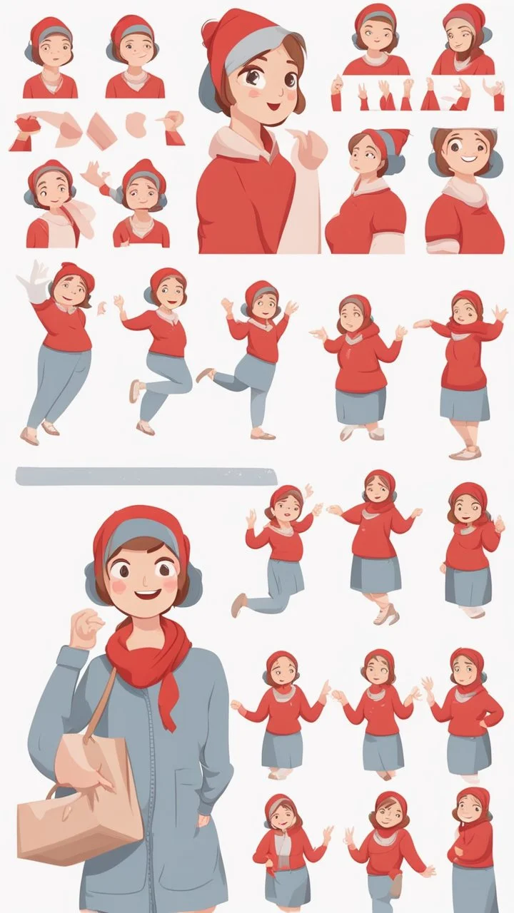 Big girl character, multiple poses and expressions, Real stories illustration style, cute, 20years old girl, full color, red ,She wears a headscarf