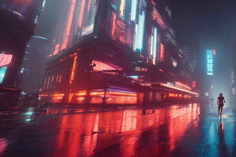 3D, beautiful, light reflecting, empty city at night, rainy night, neon, cyberpunk, tron, person with helmet walking