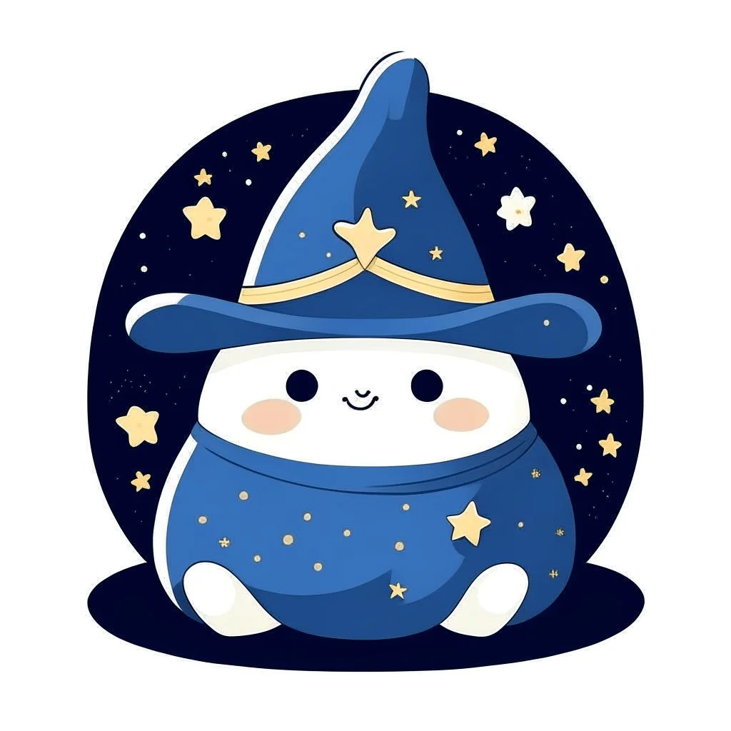 drawing of cute small mochi character with whitch hat in dark blue colour with small gold stars on it on, on white background