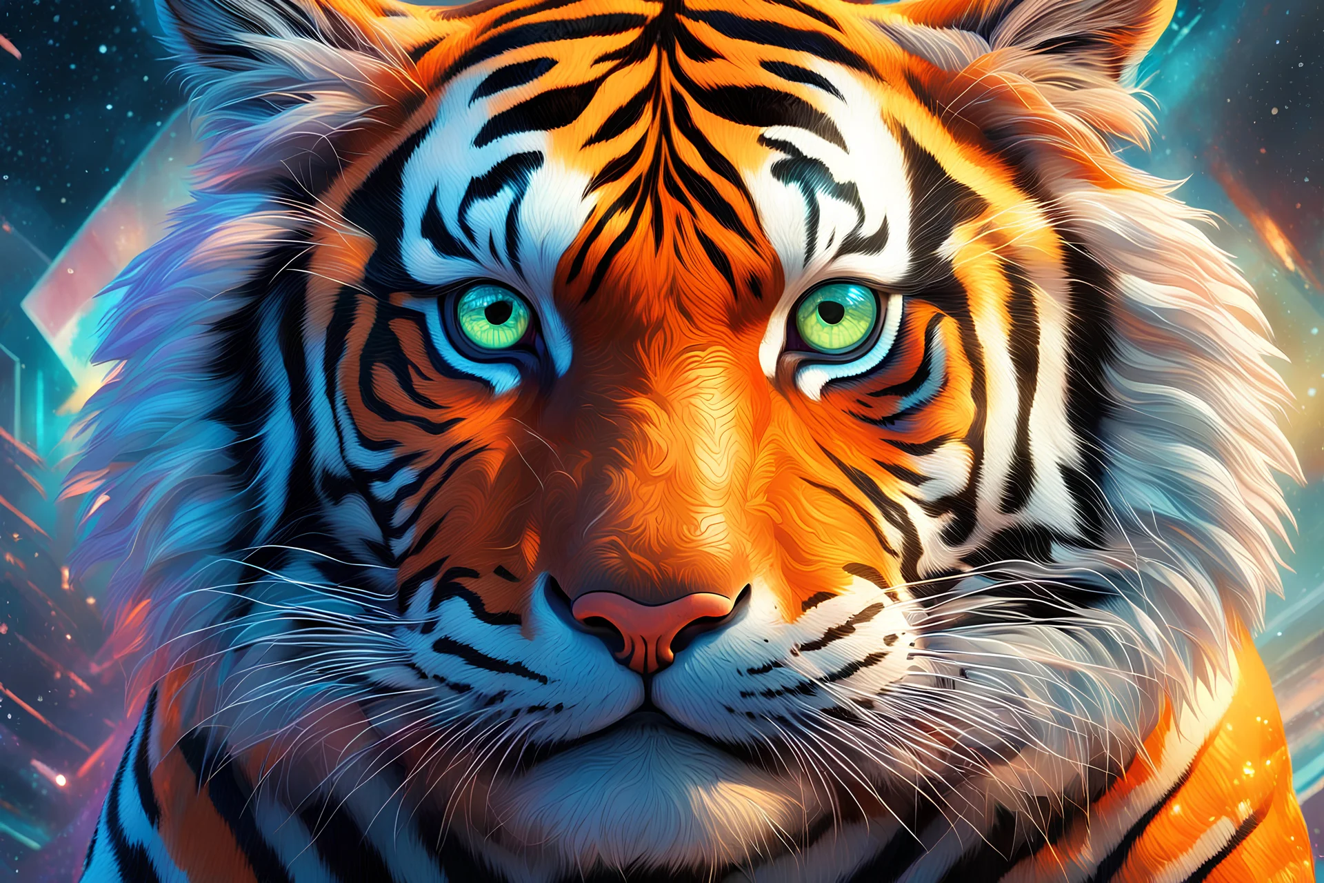 Futuristic tiger portrait in the style of Greg Rutkowski, in abstract, surreal landscapes, futuristic elements, intricate details, esoteric elegance, fantasy realism with 3D UHD HDR enhancement, bright and vivid colors, key light reflected in twinkling eyes, meticulously perfect composition, illusion of the highest quality, double exposure effect, illustrated storybook, clear focus, 8k resolution, digitally printed masterpiece.