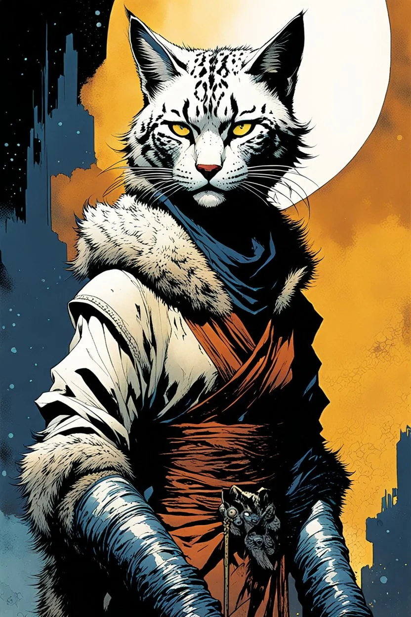 create an ethereal, otherworldly anthropomorphic Khajiit Lynx woman , in the comic book art style of Mike Mignola, Bill Sienkiewicz, and Jean Giraud Moebius, with highly detailed fur and feminine facial features , finely inked , dramatic natural lighting