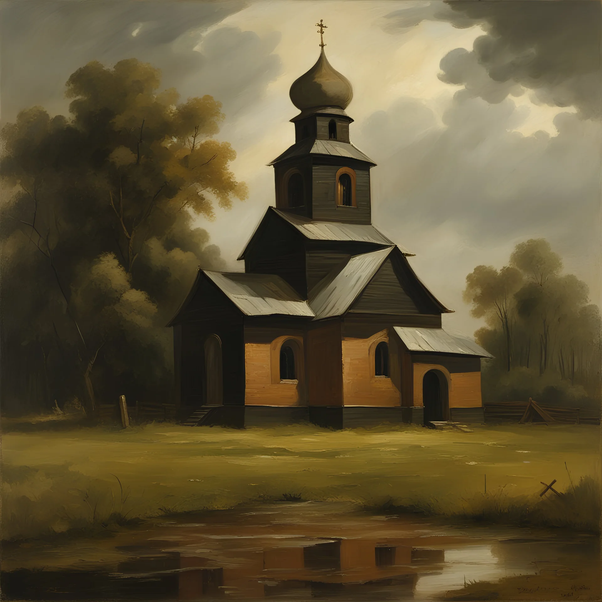 an oil painting where, far away in a black, earthen field without trees and grass, stands a small brick white ancient Christian Russian church, with a wooden roof,after the rain,17th century
