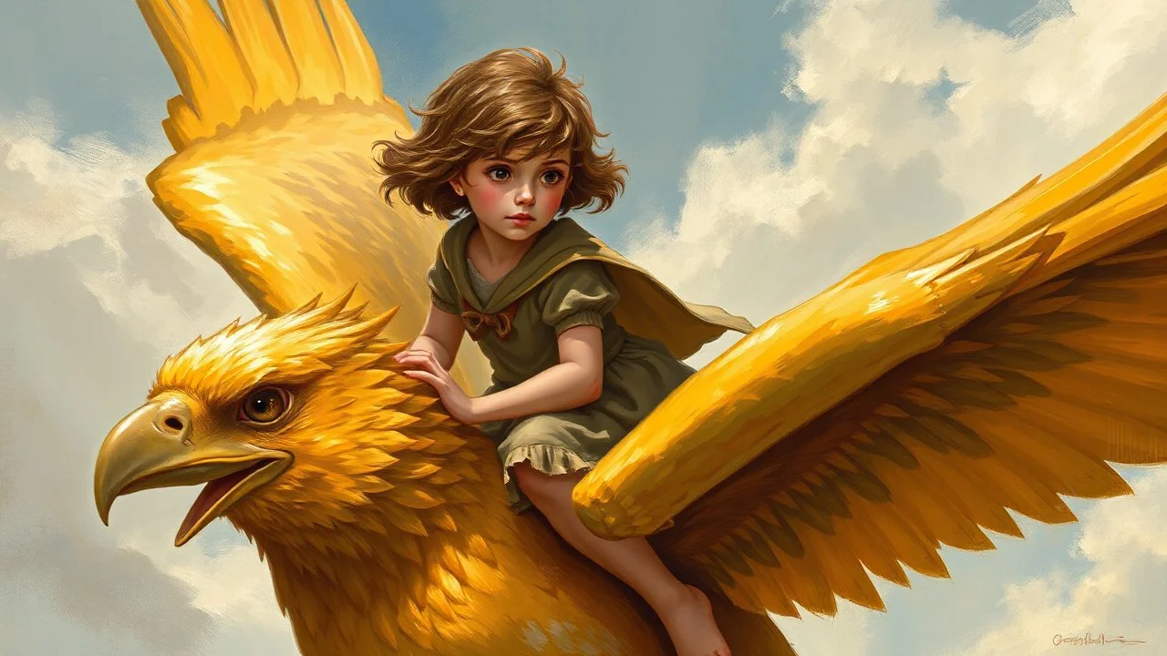 Fantasy-style painting featuring a young girl with fair skin and short, wavy brown hair, riding a large, golden bird.