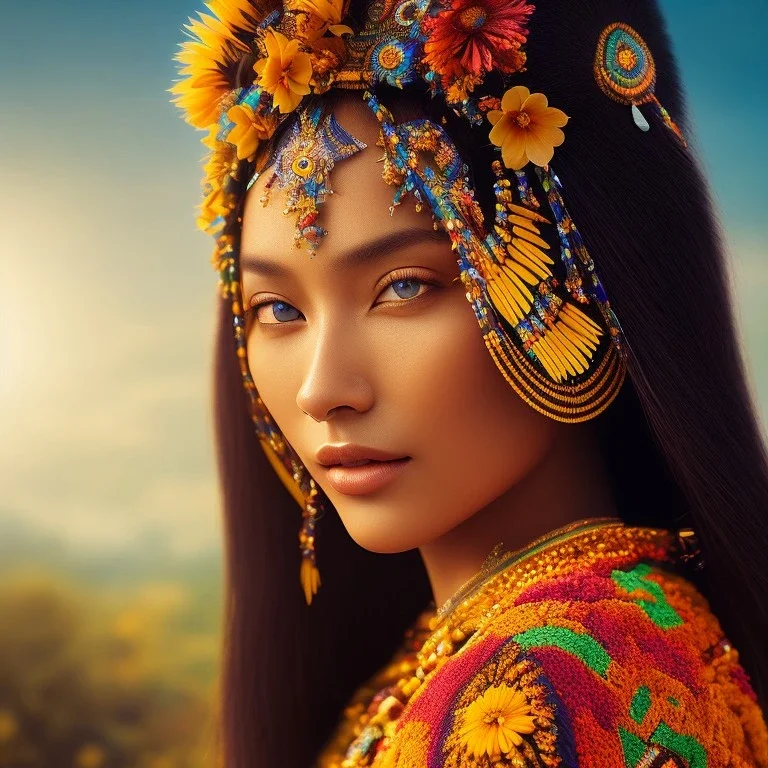 bright indigenous, beautiful portrait, flowery landscape, light, sun