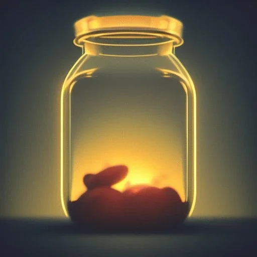 polaroid of fireflies inside a jar, luminescent glow, moody, tender, photorealistic, octane render, golden hour