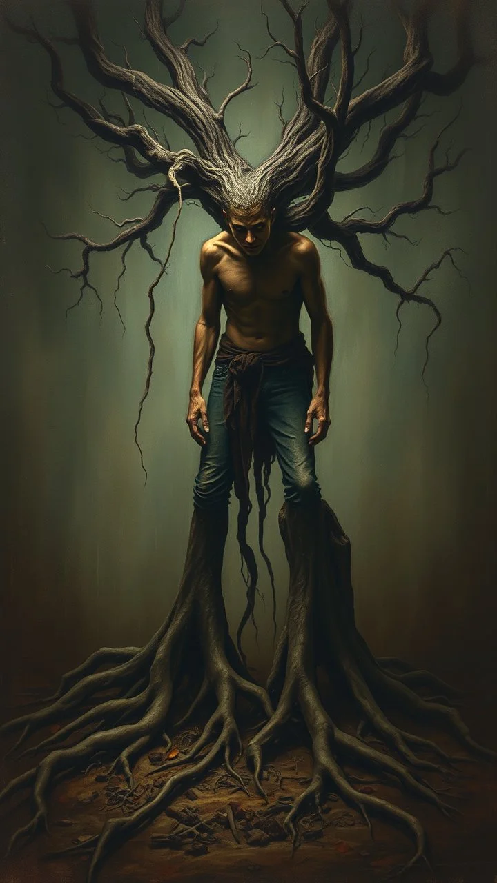 Bosch painting style nightmare, a man with legs looks like tree roots , dramatic sad scene, fantasy,