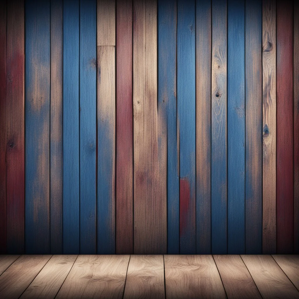 Hyper Realistic navy-blue & maroon multicolor grungy rustic wooden plank wall texture in an empty room with window & vignette effect