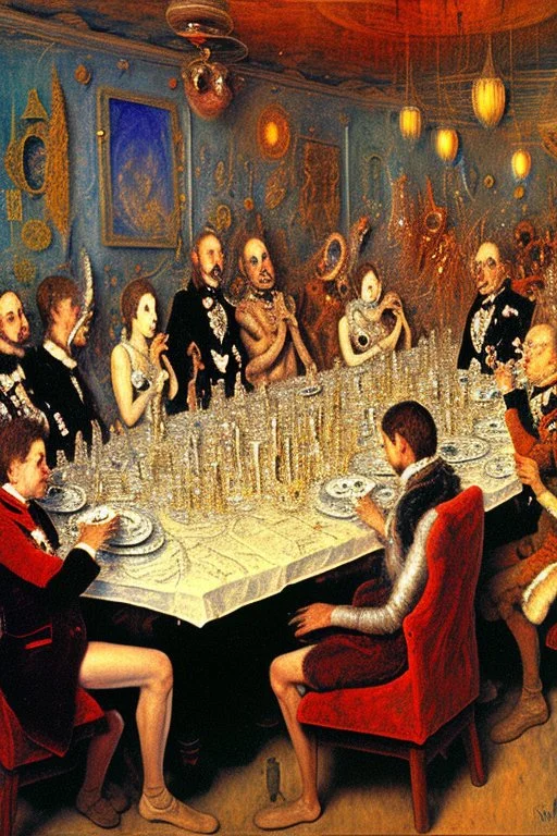 A clique of alien beings celebrate the end of the year eating at a table in James Ensor style