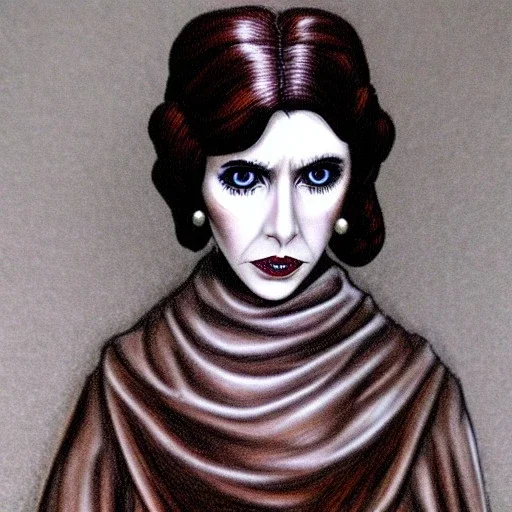 extrem tim burton style of princess leia, brown eyes, sharp focus,3D, ultra detailed,
