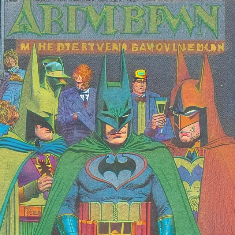 A 1980 medieval comic cover of a dark universe masonic sad drunk batman cosplay convention, green batman, orange batman, cyan batman, white batman.