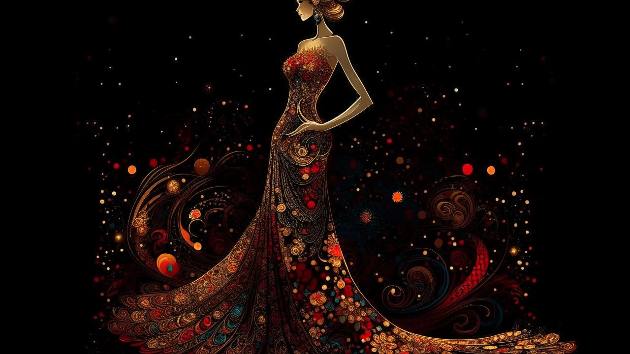 A detailed digital illustration: An elegant figure adorned in a symphony of colorful patterns and forms, standing in front of a dark starry canvas. Her elegant attire, a tan and gold mix, is a testament to the artist's skill. Against a deep black backdrop, she is captivated by the soft colors of a red and gold gown.