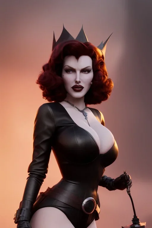 Rita Hayworth as evil queen in black leather, busty, cleavage, dominatrix, curvy, angry, stern look. character design by cory loftis, fenghua zhong, ryohei hase, ismail inceoglu and ruan jia. unreal engine 5, artistic lighting, highly detailed, photorealistic, fantasy