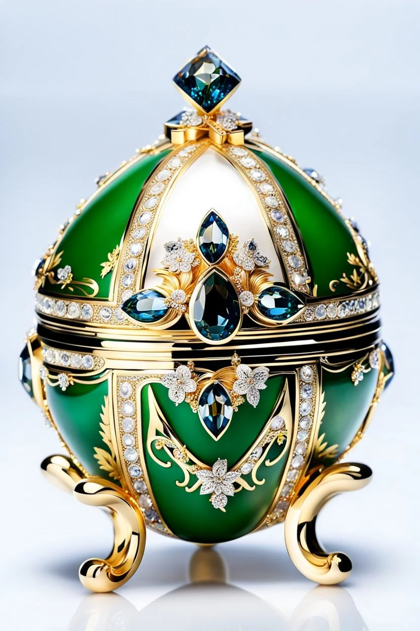 The Fabergé egg formed jewelly box features decorative Swarovski crystals and an enamel finish with the exterior of formed with many stunning gold decorations and studded with diamonds and made from quartz, platinum, and orthoclase with miniature flowers, white crystals, diamonds and made from platinum and gold, and plants made of gold, classic ornaments, high quality, detailed, photography