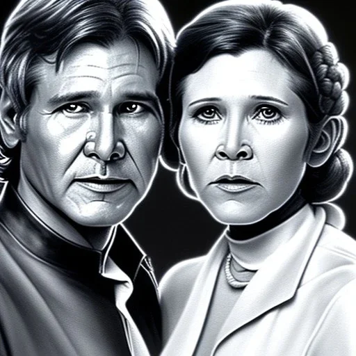 old carrie fisher embracing harrison ford, waist up portrait, photorealistic faces, intricate, oil on canvas, masterpiece, expert, insanely detailed, 4k resolution, cinematic smooth, intricate detail , soft smooth lighting, soft pastel colors,