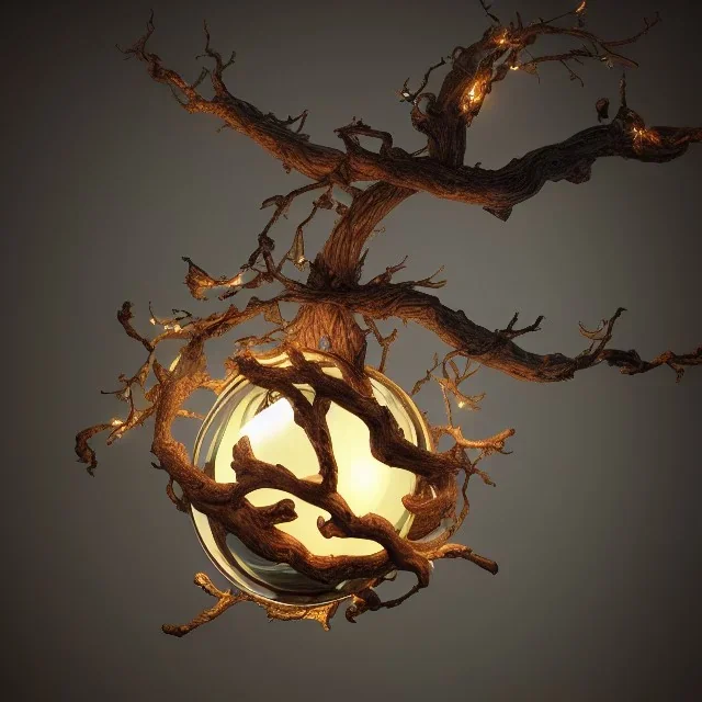 a gorgeous, stunning lamp made of gnarled wood with illuminated globe of light hanging off one branch sitting on gilded cloth, 8k resolution, high-quality, fine-detail, photorealistic, intricate, digital art, detailed matte, volumetric lighting, illustration, 3D octane render, brian froud, howard lyon, selina french, anna dittmann, annie stokes, lisa parker, greg rutowski, George Grie, Ben Goossens, Igor Morski