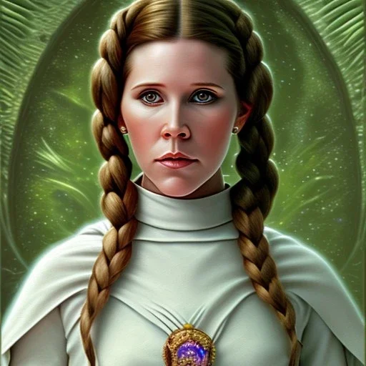 round framed complete and ultra realistic detailed head to waist portrait of young carrie fisher as Princess Leia with realistic hairstyle by Mandy Jurgens and mucha and Richard Schmid and chuck close and chie yoshii, extraordinary and detailed ceremony dress of star wars,brown eyes