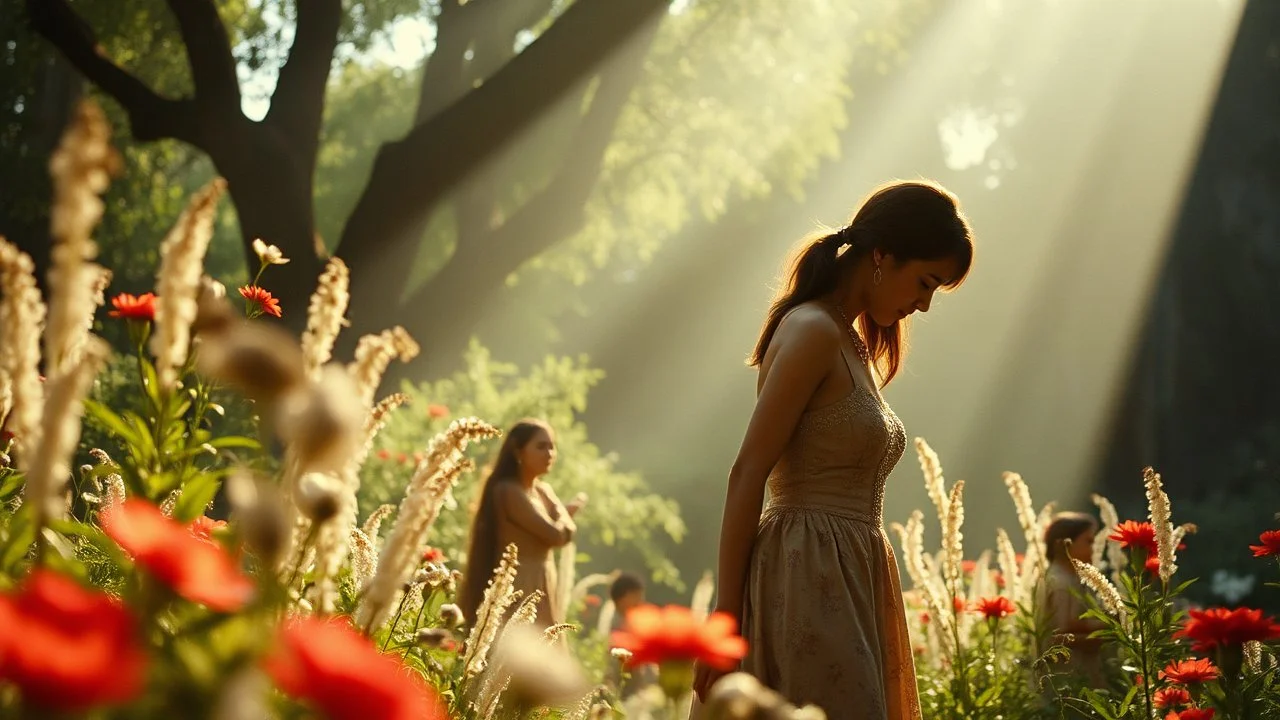 The garden of the moment Cinematic film still, shot on v-raptor XL, film grain, vignette, color graded, post-processed, cinematic lighting, 35mm film, live-action, best quality, atmospheric, a masterpiece, epic, stunning, dramatic