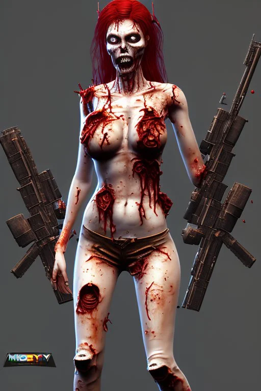 12k ultra-high-definition rendering of a zombie model in a photo studio ,The zombie, adorned in a red ripped tight dress, ripped sideways from top to bottom, long slit, shoes are fashionable platforms, big gun on side thigh, exudes a sinister aura under the studio's dark and mysterious lighting