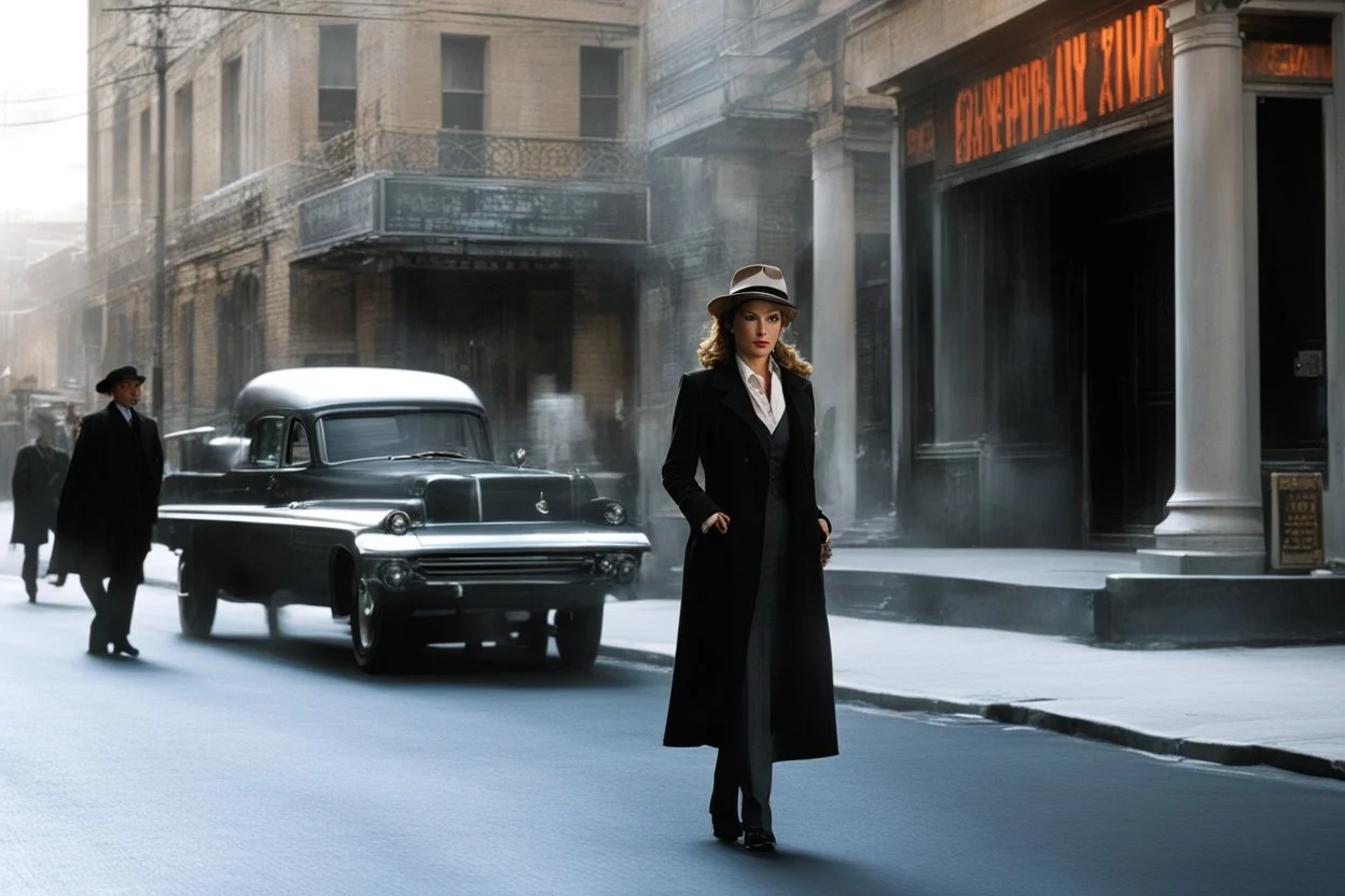 (photo from a movie by Quentin Tarantino) a woman detective investigates a strange case on ghosts killing people because a road perturbated their old HQ... She is standing on the sidewalk