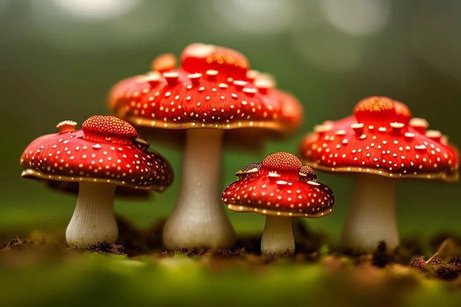 Hyperealistic low-level shot of a group of fly agaric mushrooms