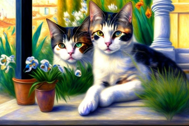 Zwei Katzen auf der Terrasse. Auguste Renoir, paws, Perfect eyes, perfect iris, playing music, realistic, extremely accurate, delicate, extremely detailed, Graphic novel style, wide-angle, open aperture, superfine pencil