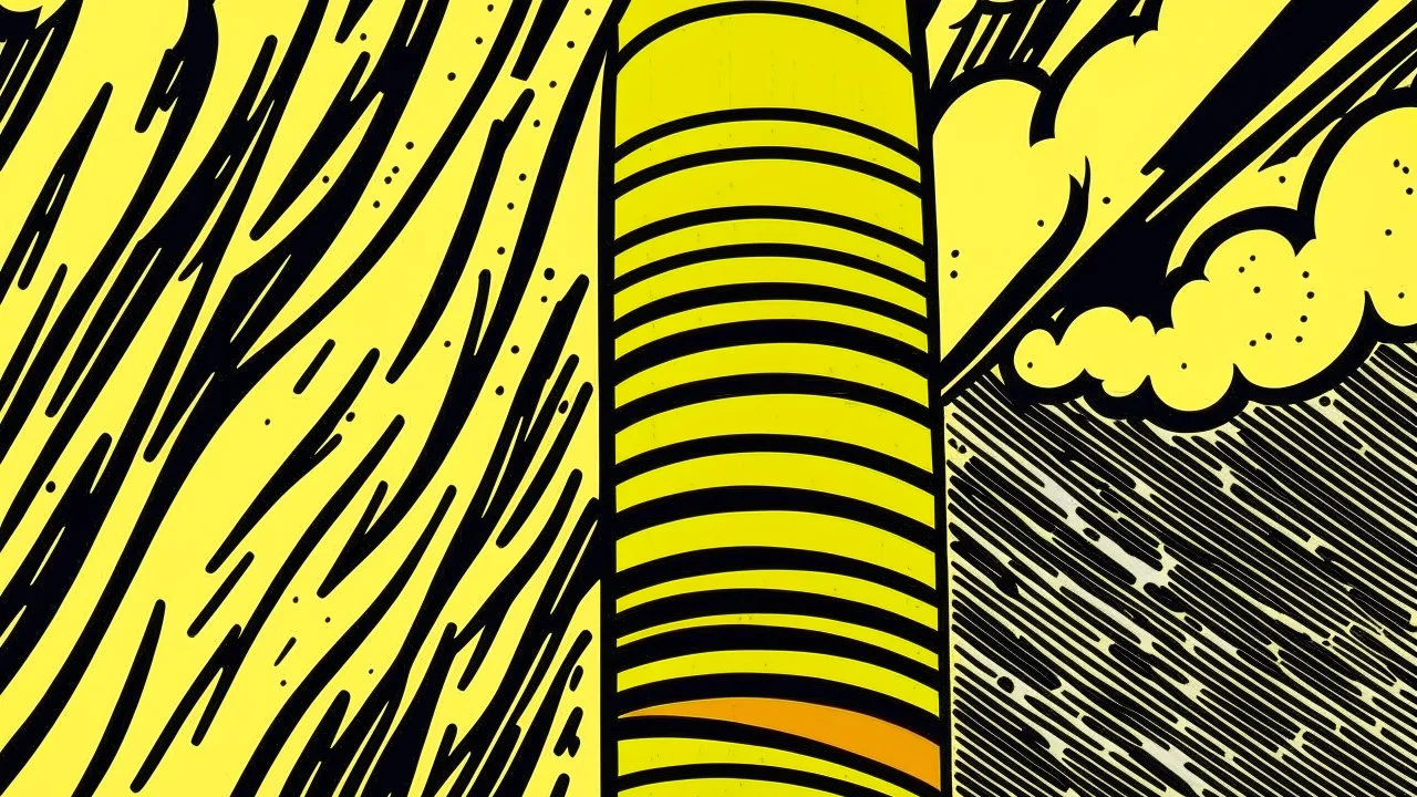 An orange colored tower in a thunderstorm painted by Roy Lichtenstein