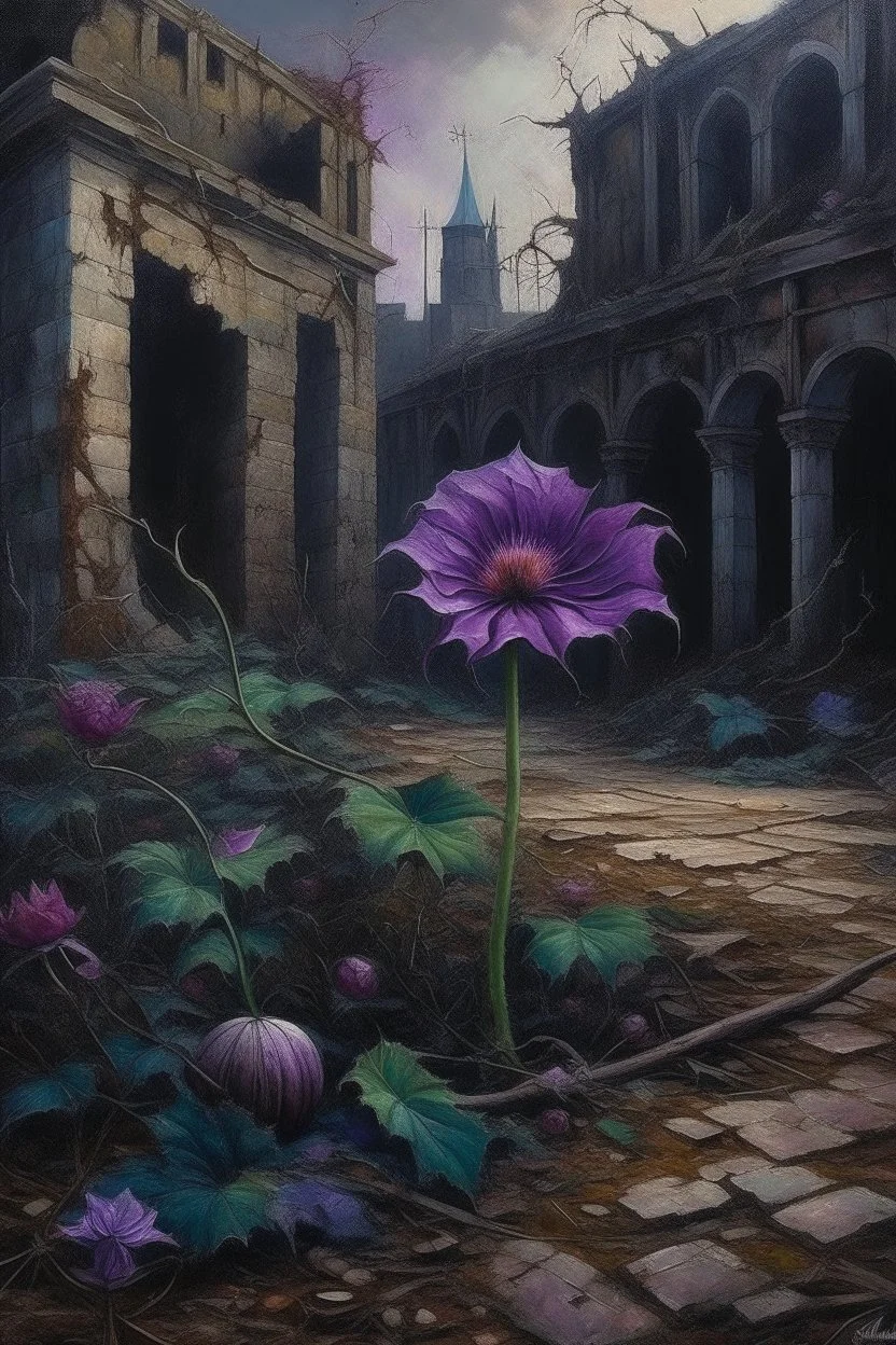 Oil painting of a purple flower amid withered and dead flowers in an abandoned garden in an abandoned palace in the ancient era