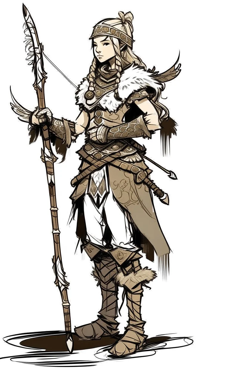 Girl Archer concept art, small head, full body, sketch, coll style, bow