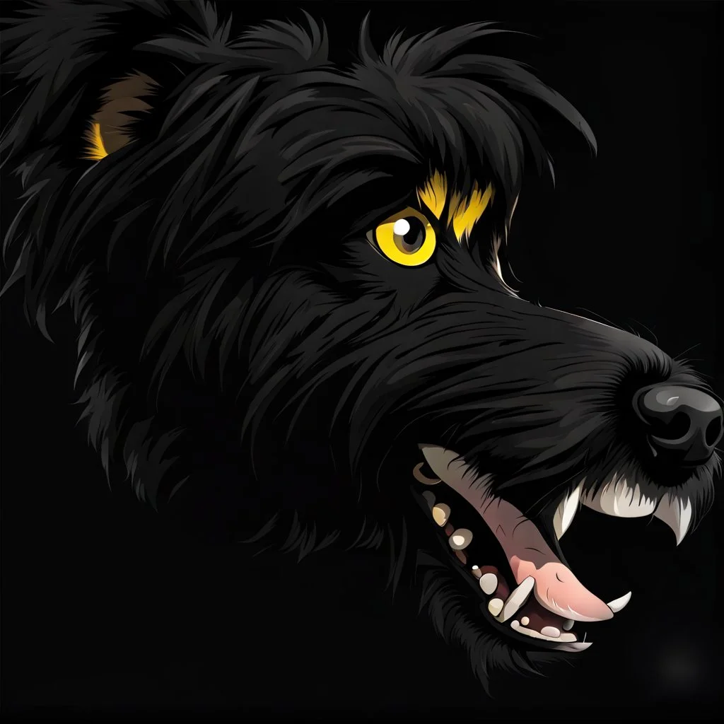an angry scruffy black terrier on black background, yellow eyes, make 30% brighter, illustration