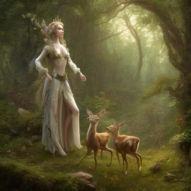 A young elf maiden next to a deer on a nature forest path, 8k resolution, high-quality, fine-detail, iridescent, intricate, digital art, detailed matte, volumetric lighting, beautiful, illustration, 3D octane render, margaret weiss, brian froud, howard lyon, selina french, anna dittmann, annie stokes, lisa parker, greg rutowski,