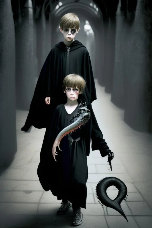 7 year old boy, necromancer, friendly, looks dead,with a long lamprey emerging from his belly , wearing black robes, in the style of H.R. Giger