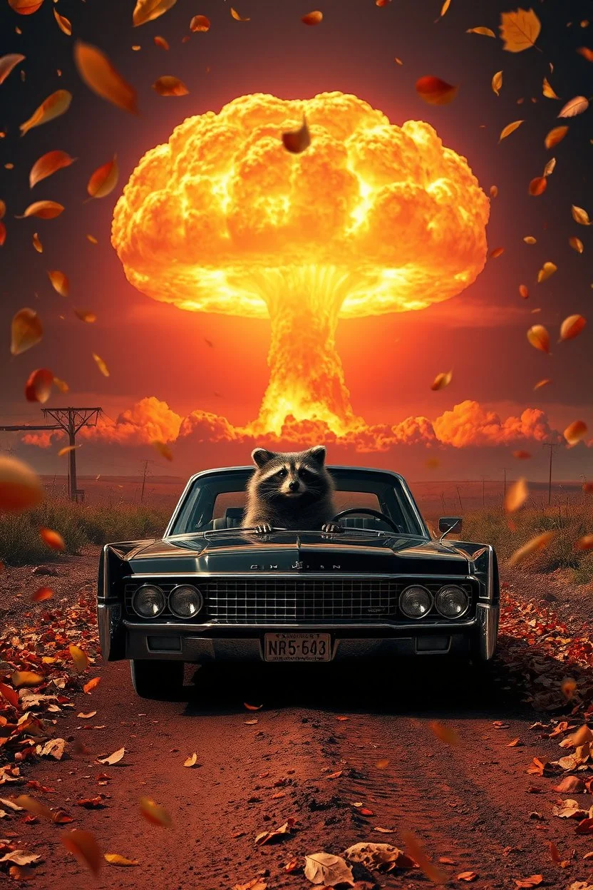 foreground with many falling leaves, behind is a nuclear explosion's mushroom cloud that looks more like a tree in fall, with explosion radiating outward, many leaves falling in foreground, ground is dirt and scorched with a road coming down the middle towards viewer, on the road facing towards the viewer is a black 1962 Lincoln Continental with the roof down and a driving is a giant racoon, angelic fantastic lighting