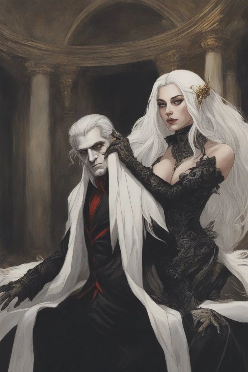 Toomb of the vampire Count Strahd Von Zarovich. Grand room, stone and marble, dark, black coffin made of polished ebony wood and brass. No windows. Strahd bracing his arm on the coffin, being kissed by a woman with long white hair.