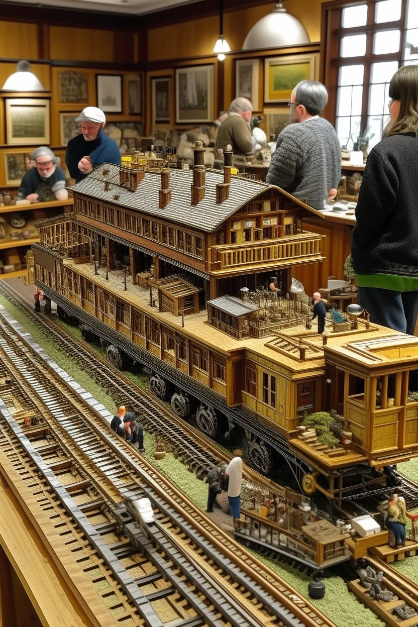 un sous-sol d'une grande maison, rempli de surface en bois élevé d'environ 4 pieds, sur lequel est installé tout un réseau de train miniature avec toutes sortes d'accessoires miniatures (maison, personne en plastique, arbre, montagne, etc..."). On voit 3 personnes souriantes regardant le train miniature.