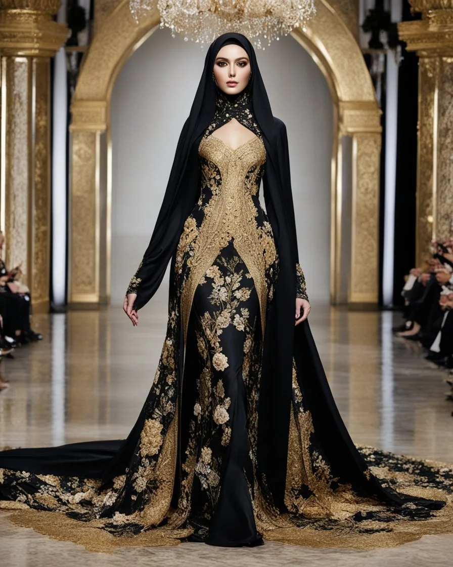 Full body Photography art fashion show event,islamic fashion show cat walk gorgeous super model Beautiful woman iranian hijab ,dressing luxury black and golden color design wedding gown made of flowers ,full of various kinds of flowers,soft colors