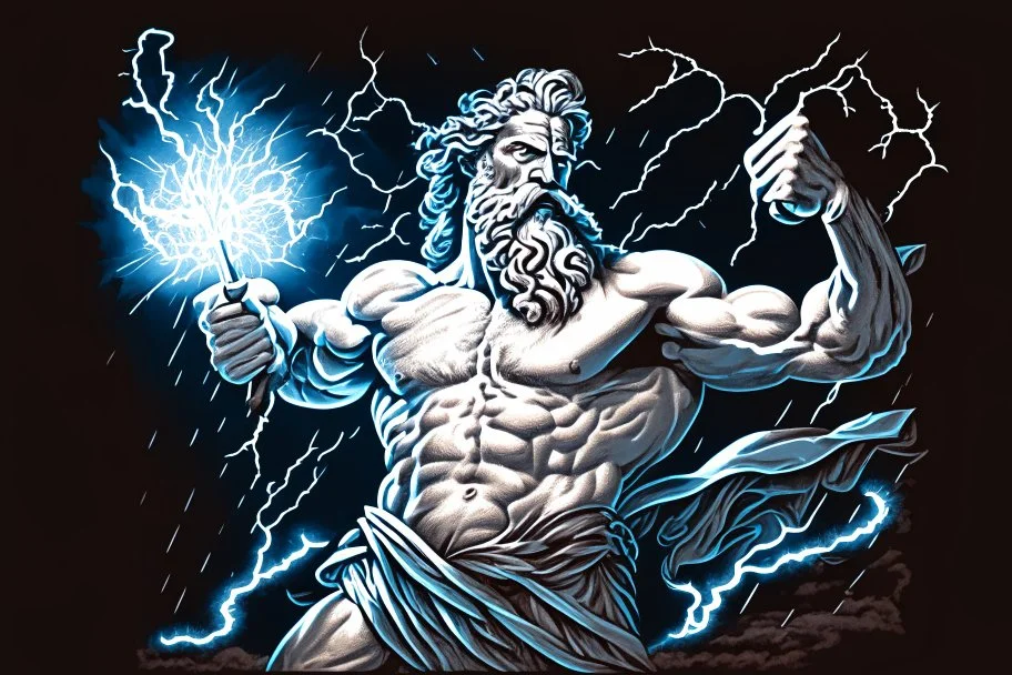 Detailed and realistic illustration of Greek god Zeus holding holding lightning. Vintage style illustration. Ultra high resolution.