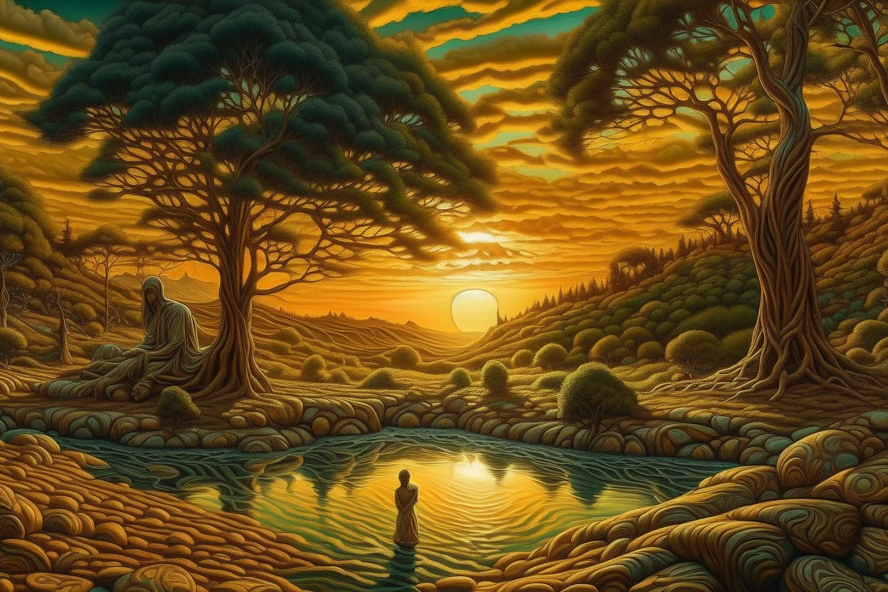 Great landscape, nature at sunset, Paradise Lost, spiritual, surreal, trees, fine art, tan skin, Vincent Van Gogh style, highly detailed, smooth, very sharp focus, illustration, bathing in light, ultra realistic illustration, close-up