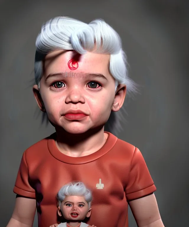 Pedro almodovar toddler, full body, white hair, dramatic lighting, hyper realistic