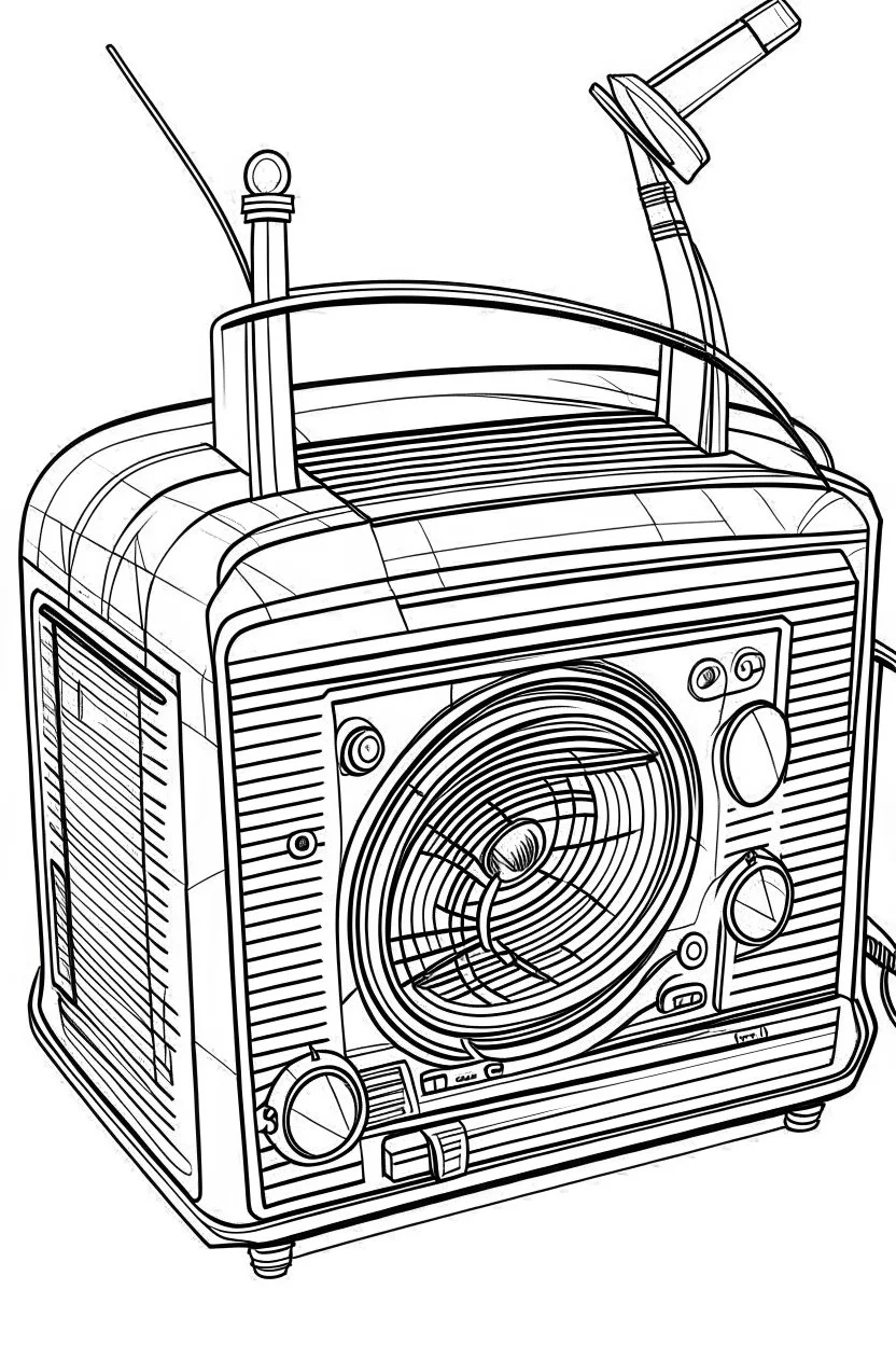 Outline art for coloring page A TINYMITE RADIO, coloring page, white background, Sketch style, only use outline, clean line art, white background, no shadows, no shading, no color, clear