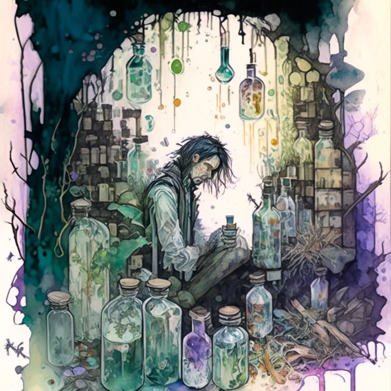 create a watercolour painting , This artwork features a drug addict in a tattered and worn-down laboratory, surrounded by vials, bottles, and herbs. However, instead of producing traditional potions, they are creating fantastical elixirs that unlock portals to other realms. The addict's mind is portrayed as an open doorway through which magical landscapes, mythical creatures, and ancient civilizations can be seen.