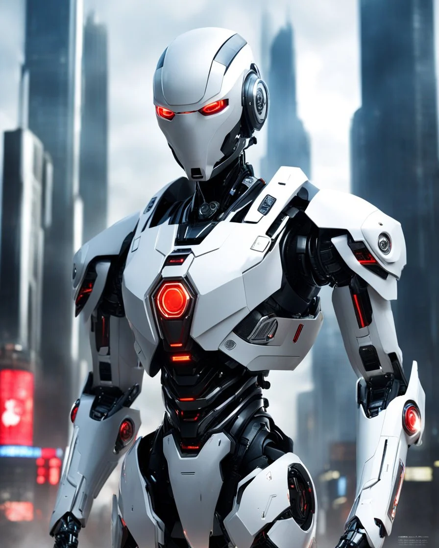 Create an image of a futuristic robot with enhanced detailing and dynamic lighting to make it more visually striking and cool. The robot should have a sleek design with white and red accents, advanced armor plating, and equipped with various gadgets. Add a background that complements the robot's aesthetics, such as a high-tech cityscape or an alien landscape.