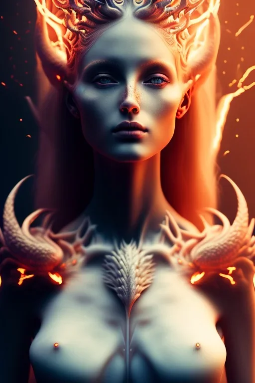 portrait photography of an ethereal beautiful animal goddess, Fire theme art, Dark moody night atmosphere, Portrait of a woman by Michelangelo, 8K, close-up face, anatomically perfect face, oak tree roots, ignore NSFW