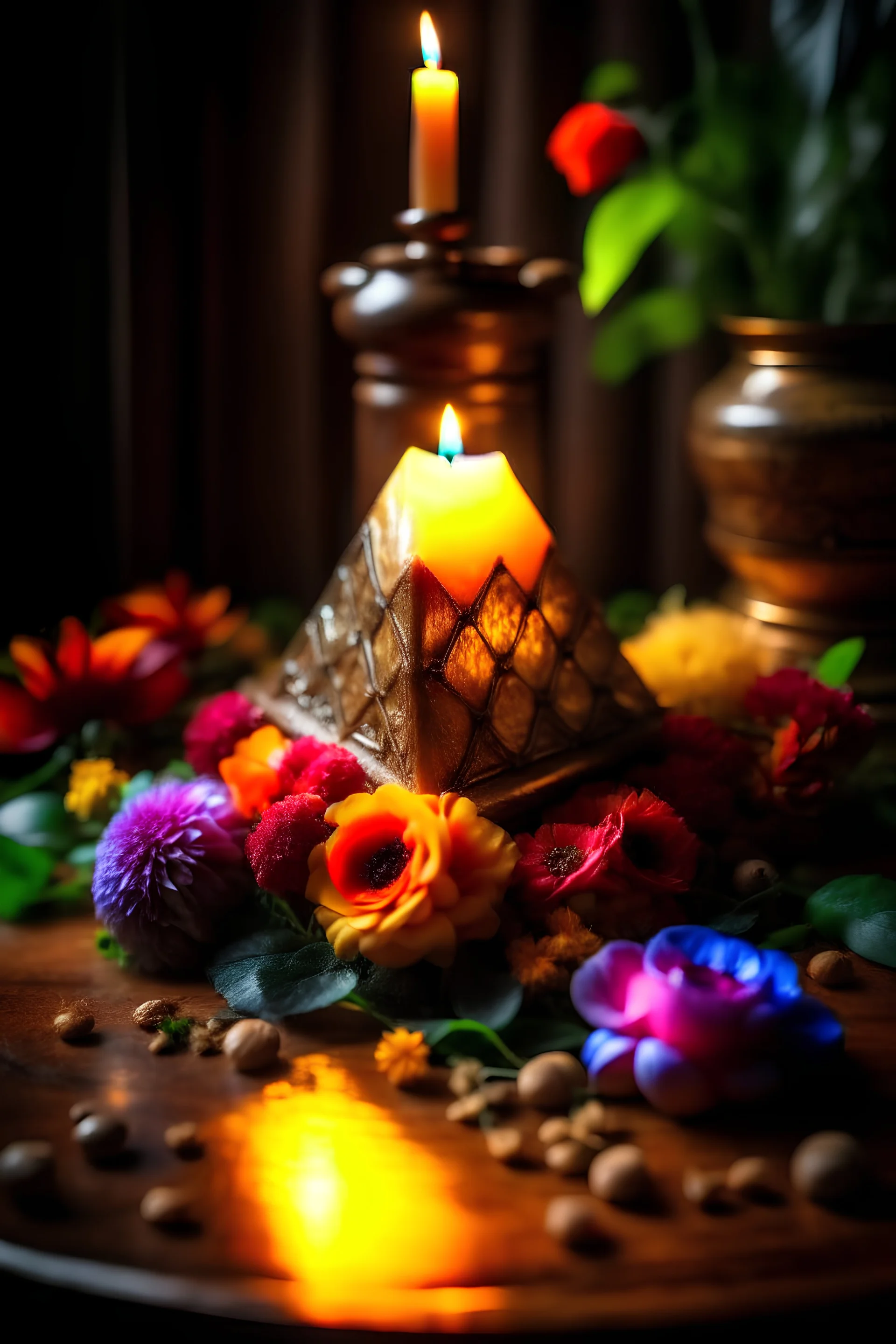 MAGIC A PYRAMID CANDLE IS BURNING AROUND WONDERFUL FLOWERS