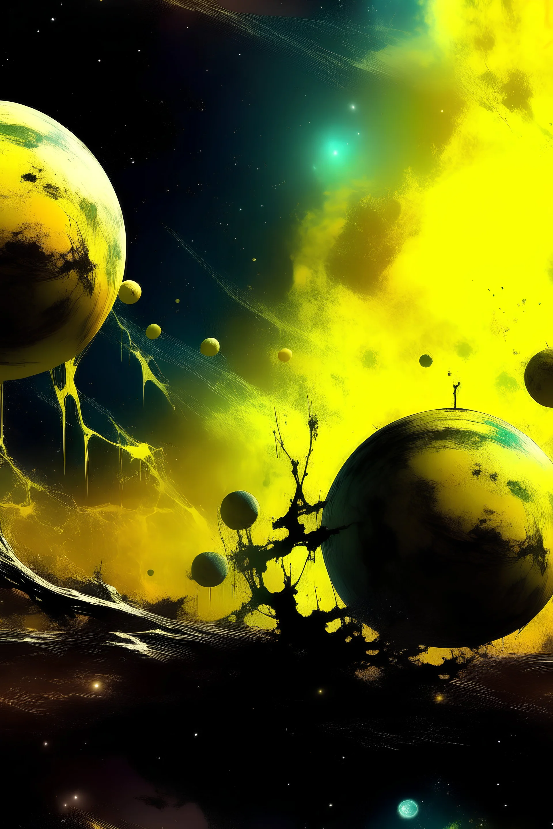 A3 format spray paint three planets with nebula in the background all in yellow tint, add some spaceships and ruins..