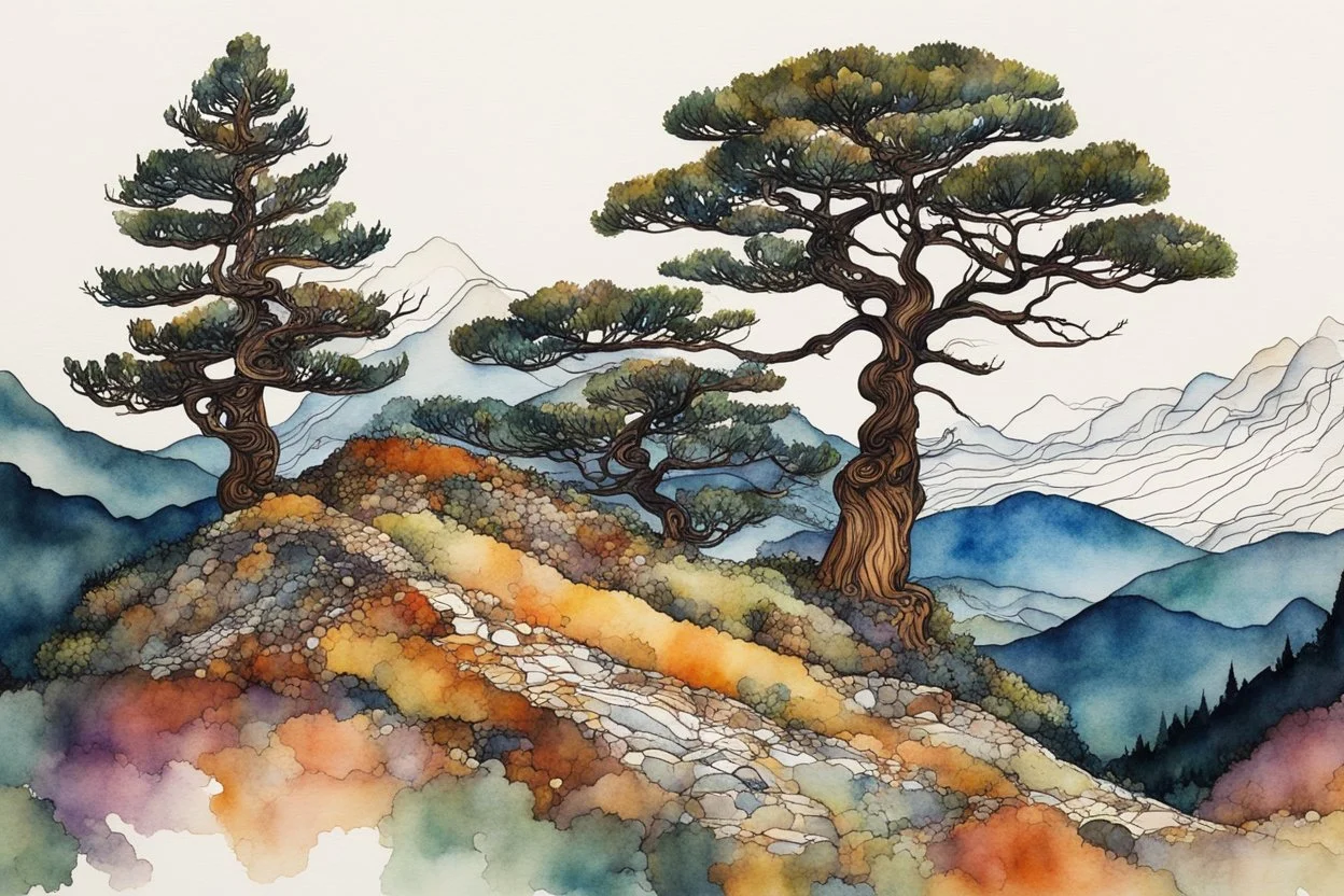 random watercolor Zentangle patterns in the styles of Gustav Klimt ,Wassily Kandinsky, Alphonse Mucha, and Kay Nielsen that depicts an ancient Bristlecone Pine at a high Rocky Mountain plateau , with fine ink outlining