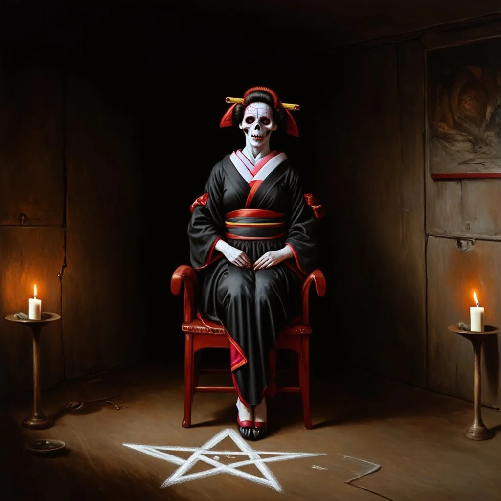 creepy undead geisha with pale cracked skin tied to a chair in the middle of a dark basement, candles on points of white chalk pentagram on floor, <lora:Dark Descent:0.7> horror, macabre grim matte oil painting by Hieronymus Bosch