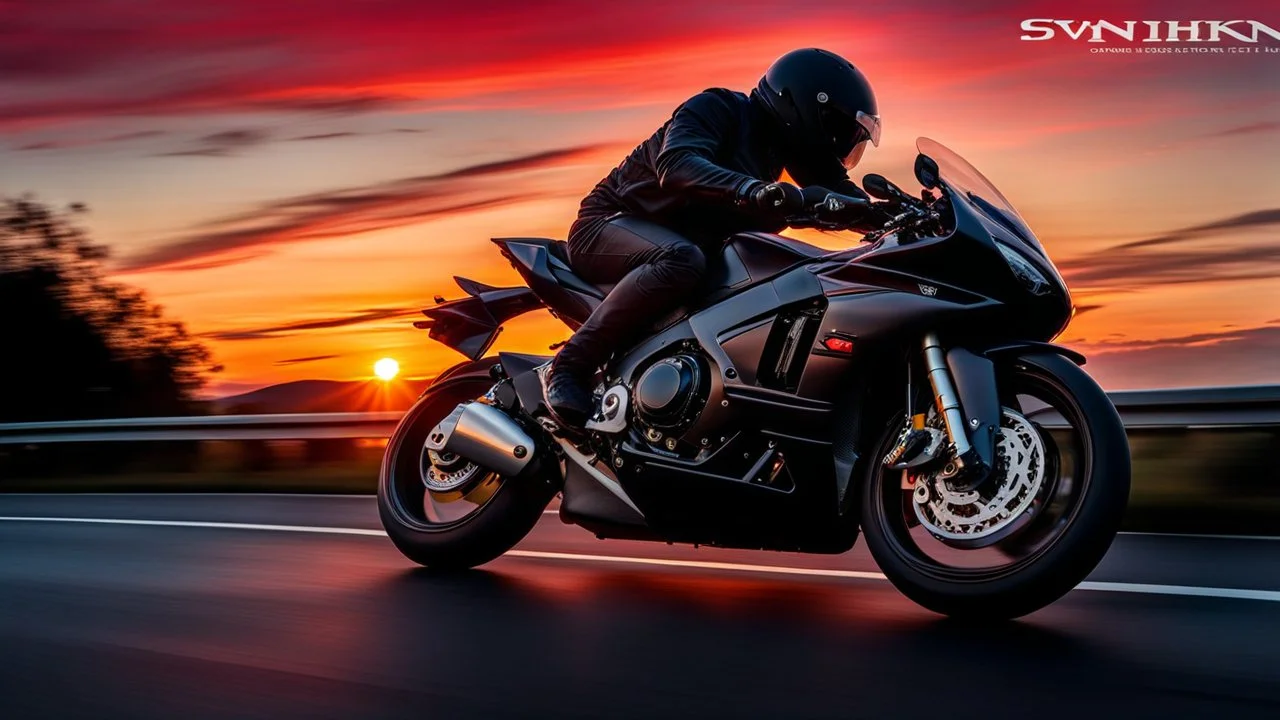 Motorbike Rider in Motion , a person wearing a helmet and black motordress, fast riding a motorcycle along a road during a beautiful red sunset. The dynamic scene conveys a sense of freedom and adventure as the rider speeds the highway, realistic, vivid colors, high detailed, sharp focus, perfect shot, ultra hd, canon photo in motion, svenken, motion washing away, 3d render, cinematic